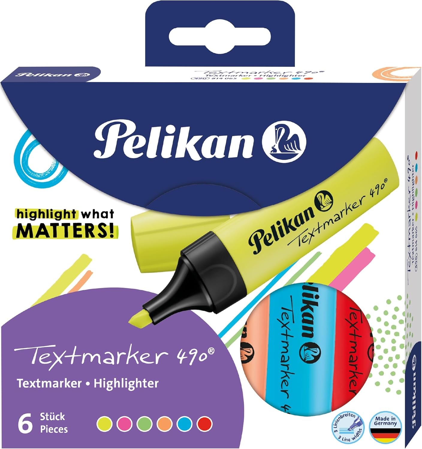 Pelikan Textmarker 490, 6 Neon-Farben, 6 Stück, Mit Keilspitze