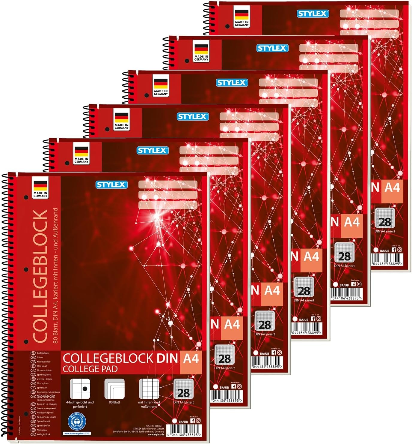 Stylex 43889-P6 - Collegeblock Kariert, 6 Stück in DIN A4, Je 80 Blatt Mit 60 G/M² Mit Spiralbindung