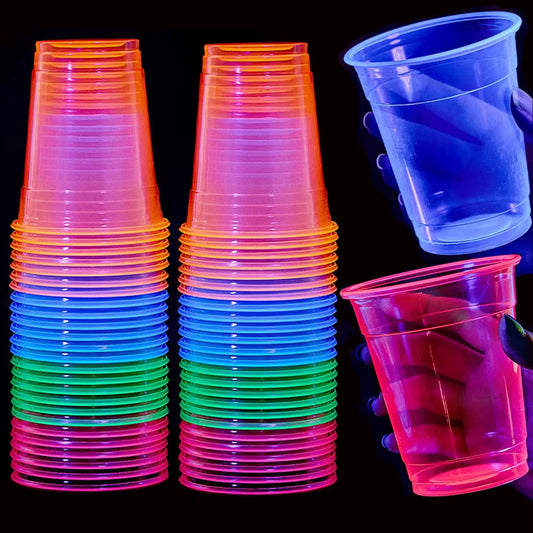 20–200 Stück, 12 Unzen, Neonfarben, Einfarbig, Einweg-Kunststoffbecher, Rosa, Orange, Blau, Grün, Eis-Kaffeetasse, Durchsichtiger Kunststoffbecher, Leuchtet Im UV