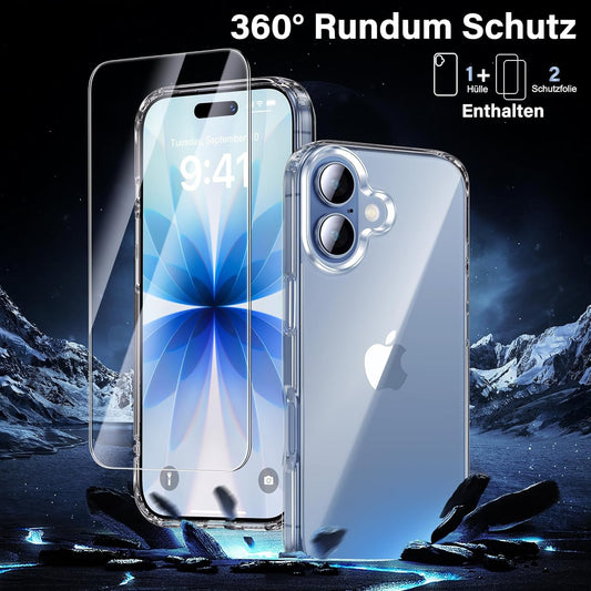 Uniqueme Für Iphone 17 Hülle - Handyhülle Für Iphone 17 Case,Rundumschutz Schutzhülle Cover, 1 Handyhülle & 2 Schutzfolie - Transparent