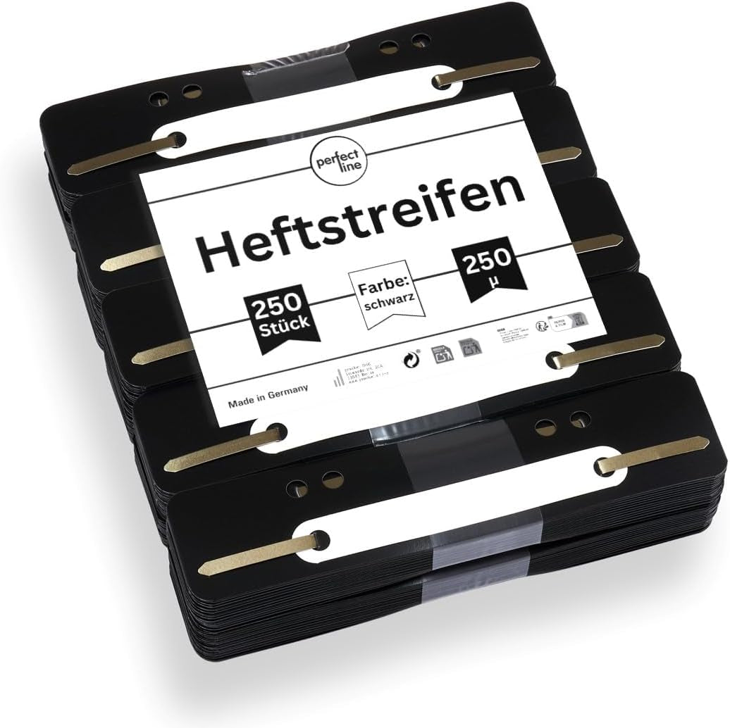 Perfect Line - 250 Heftstreifen (10X25 Stk.), Schwarz, Recycelbarer Kunststoff, Made in Germany