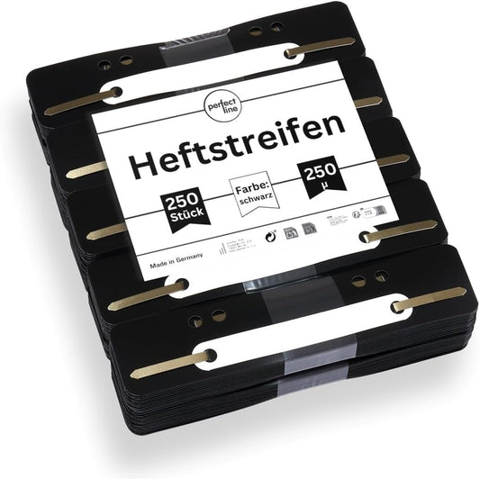 Perfect Line - 250 Heftstreifen (10X25 Stk.), Schwarz, Recycelbarer Kunststoff, Made in Germany