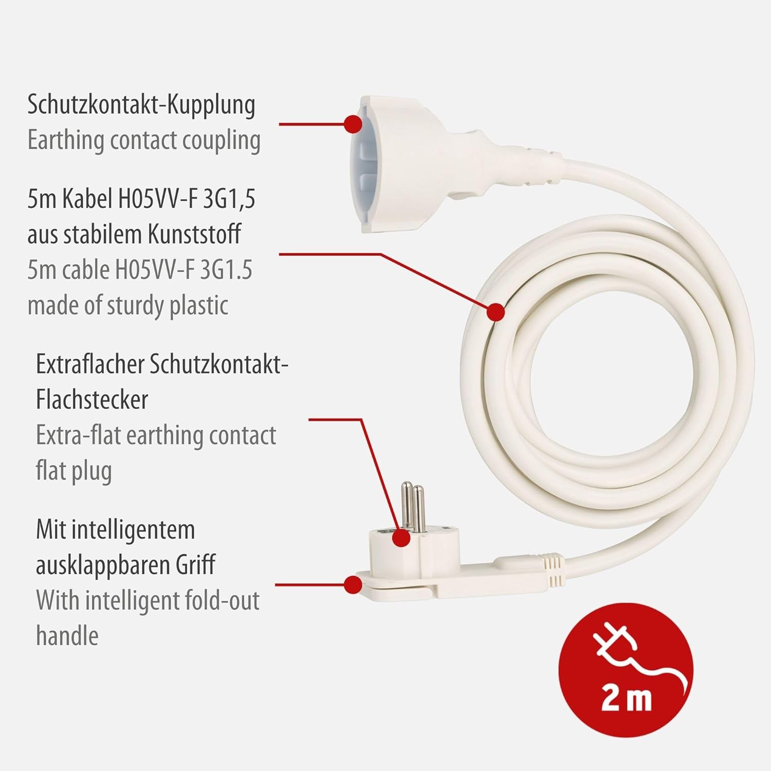Brennenstuhl Qualitäts-Kunststoff-Verlängerungskabel Mit Flachstecker (Verlängerungskabel Flach Für Innen Mit 2M Kabel) Weiß