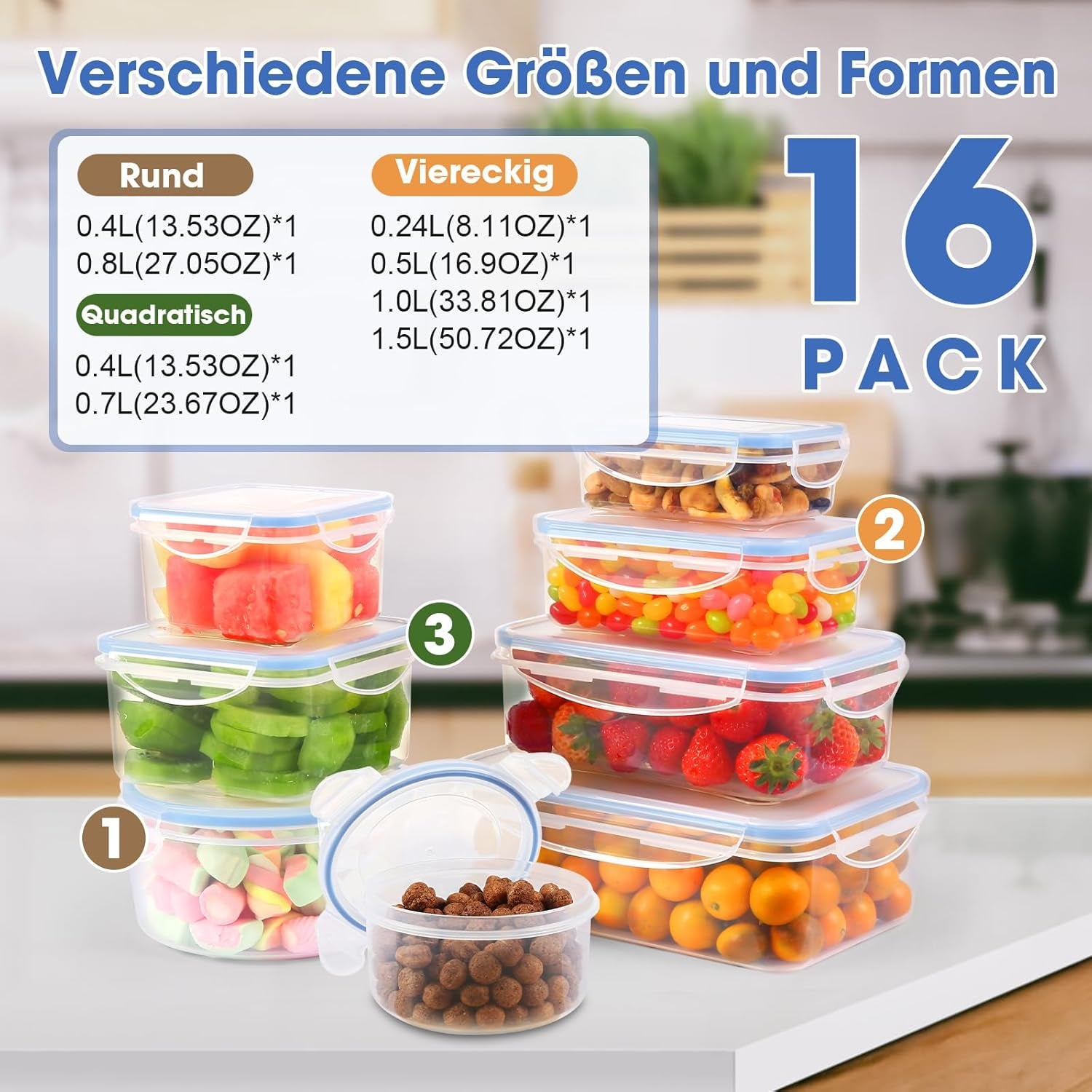 YASHE Frischhaltedosen Mit Deckel 16Pcs (8 Behälter, 8 Deckel)