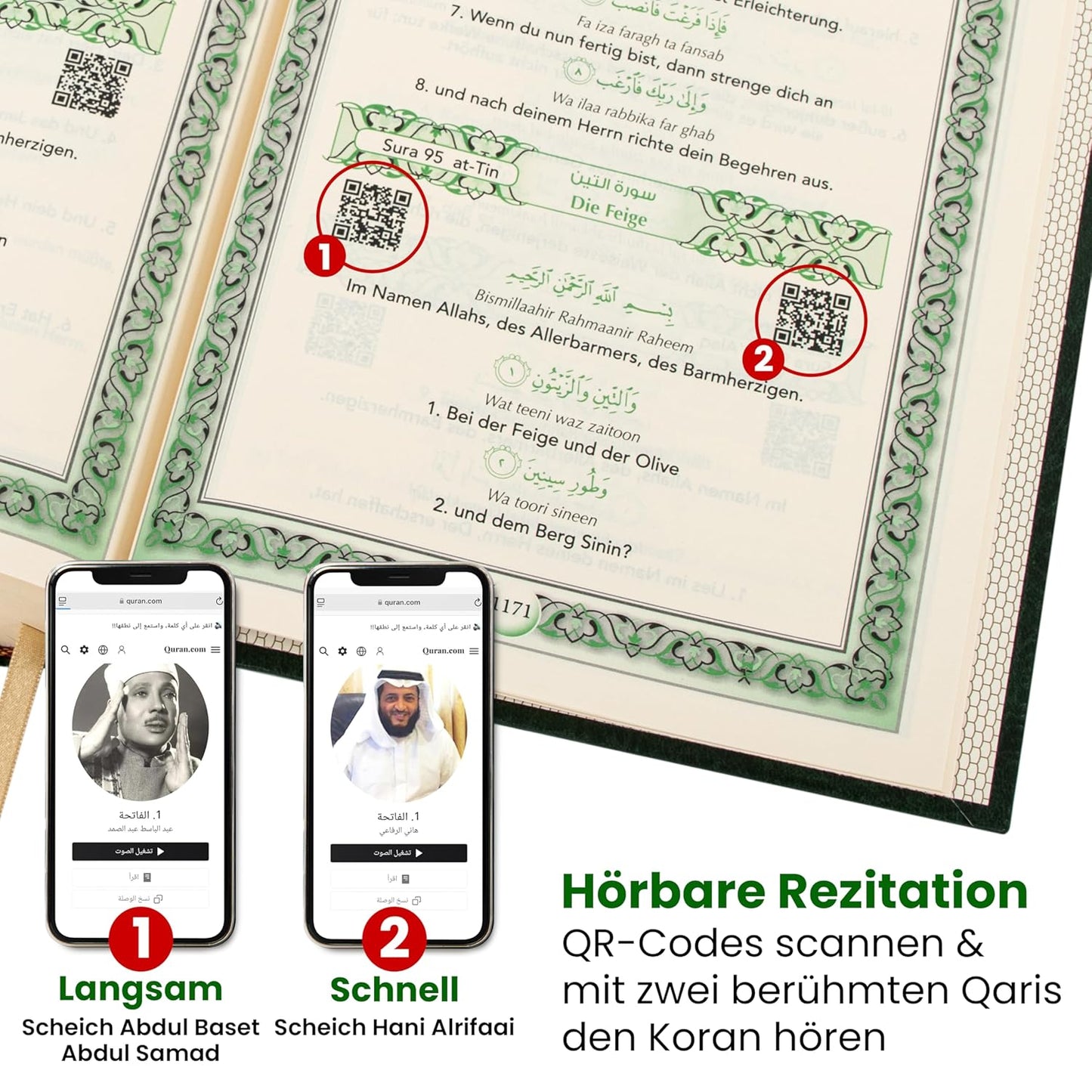 Koran Arabisch Deutsch Grün + Übersetzung + Hardcover Große Schrift inkl. Lautschrift für Anfänger - Quran Transkription - Heiliger Qur'an + Transliteration Inkl.QR-Code