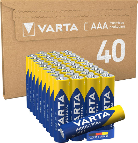 VARTA Batterien AAA, 40 Stück, Industrial Pro, Alkaline Batterie, 1,5V, Vorratspack in Umweltschonender Verpackung, Made in Germany [Exklusiv Bei Amazon]