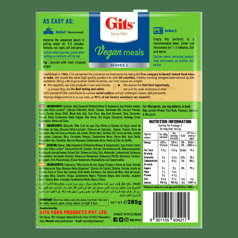 - 285G Palak Paneer (Tofu) RTE