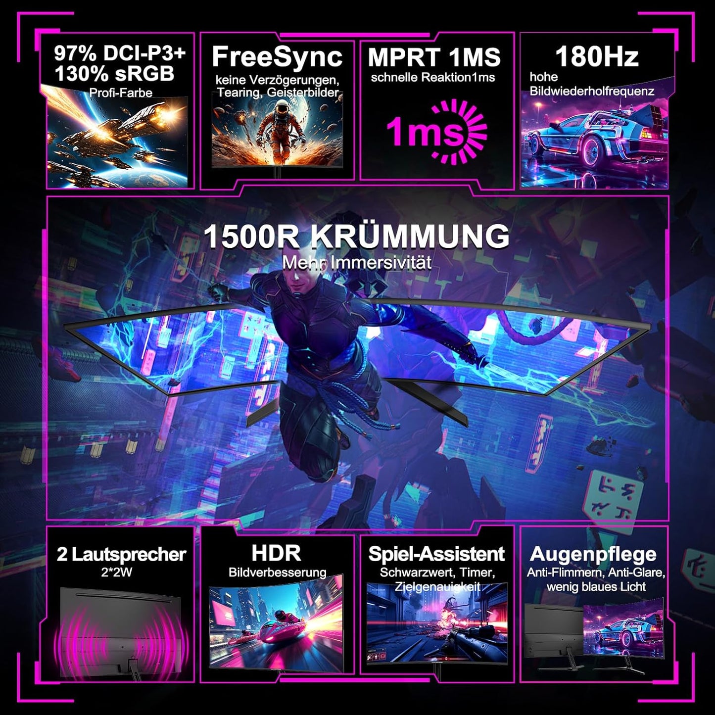 Minifire 24 Zoll Curved Gaming Monitor 180Hz, 1Ms, FHD PC Bildschirm 1500R, Mit Lautsprechern, Freesync, HDR, 130% Srgb, Rahmenlos, HDMI1.4/DP1.2 Ports -Schwarz (MFG24C1 Mit Hdmi-Kabel)