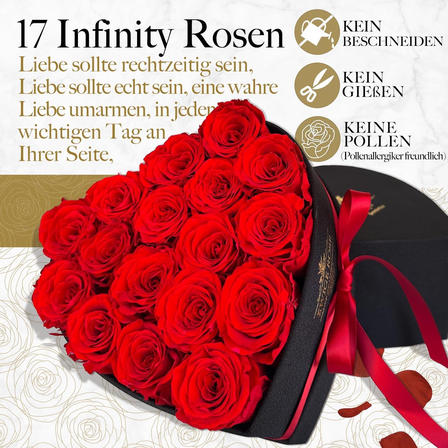 17 Infinity Rosen, Ewige Rot Rose Geschenke für Frauen, Konservierte Rose in Herzbox für Frauen Mutter zum Geburtstag Jahrestag Valentinstag Muttertag Weihnachten Hochzeitstag Rosenbox