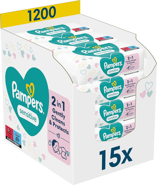 Pampers Sensitive Feuchttücher 15 Packungen Mit 80 Stück, 1200 Feuchttücher, Ohne Duft, Für Eine Sanfte Und Weiche Reinigung