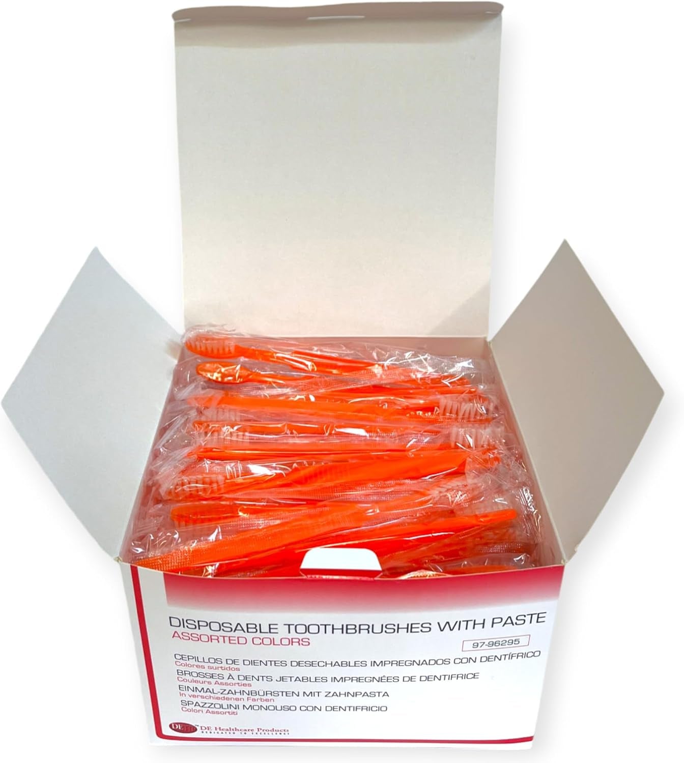 DE Healthcare Products – Einmalzahnbürsten Mit Zahnpasta (100 Stück), Einzeln Hygienisch Verpackt, 4 Untersch. Farben (4X 25 Stück)