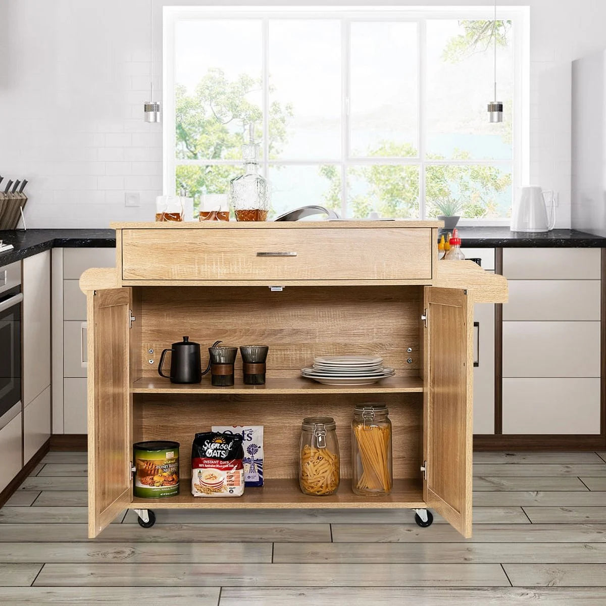 Küchenwagen Mit Handtuchhalter & Gewürzboard & Schublade Kücheninsel Rollbarer Küchenschrank