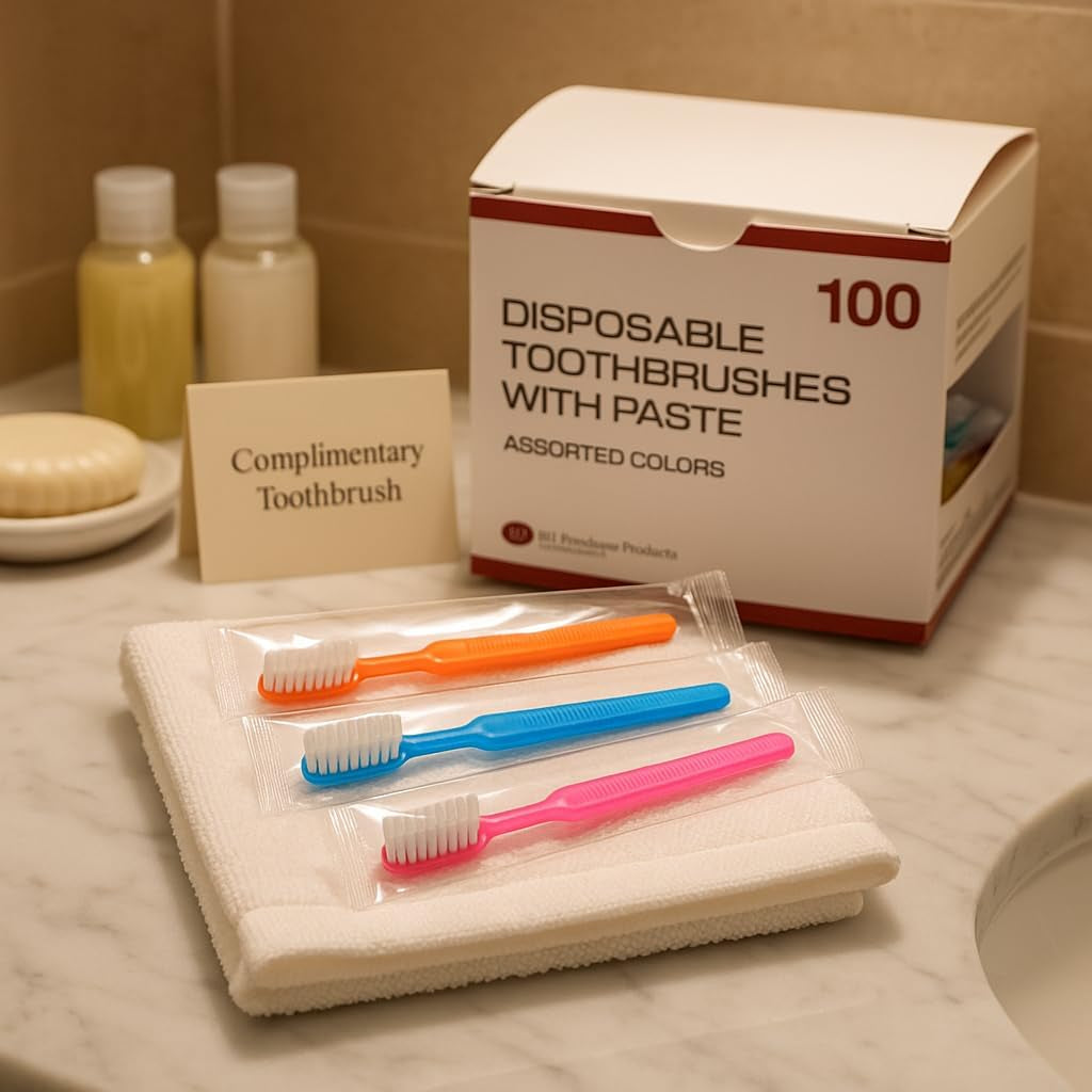 DE Healthcare Products – Einmalzahnbürsten Mit Zahnpasta (100 Stück), Einzeln Hygienisch Verpackt, 4 Untersch. Farben (4X 25 Stück)