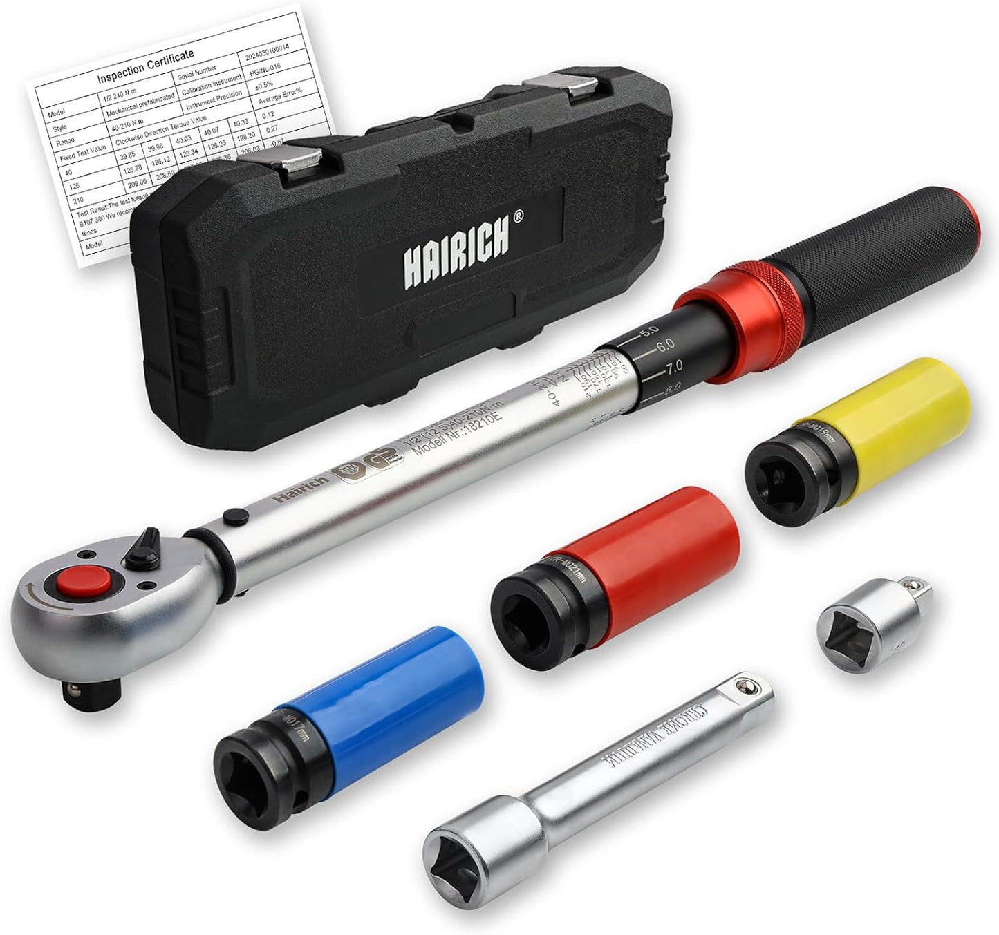 Hairich Drehmomentschlüssel Auto 1/2 Zoll, 40–210 Nm, TÜV Süd GS Geprüft, 6-Tlg. Drehmomentschlüssel Set Mit 125 Mm Verlängerung, 1/2"-3/8" Adapter & 3 Stecknüssen – Für Reifenwechsel & Motorrad