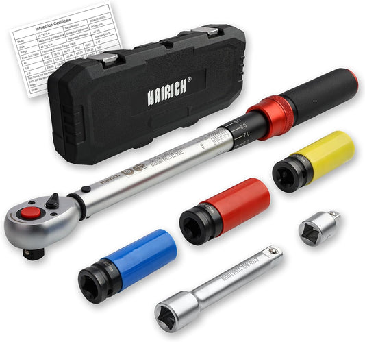 Hairich Drehmomentschlüssel Auto 1/2 Zoll, 40–210 Nm, TÜV Süd GS Geprüft, 6-Tlg. Drehmomentschlüssel Set Mit 125 Mm Verlängerung, 1/2"-3/8" Adapter & 3 Stecknüssen – Für Reifenwechsel & Motorrad