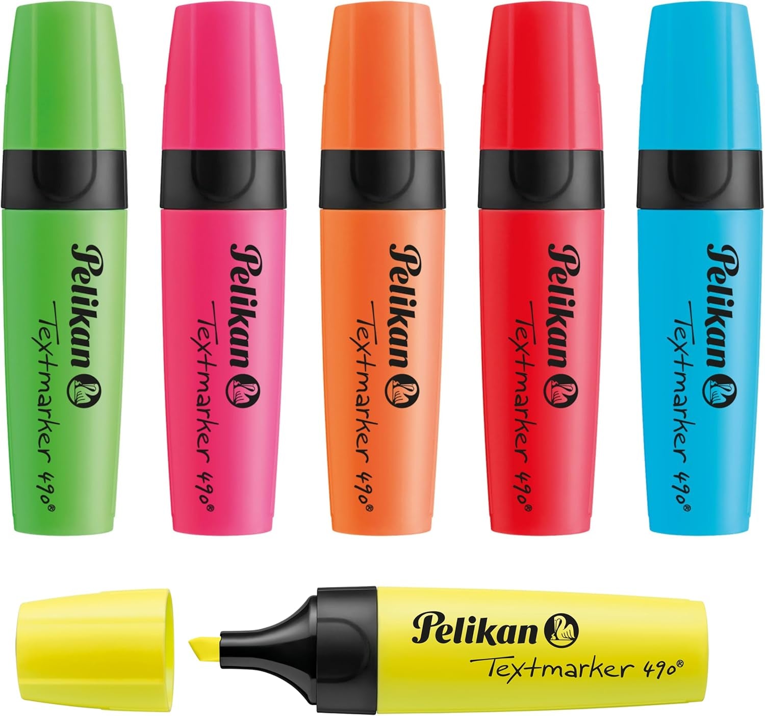 Pelikan Textmarker 490, 6 Neon-Farben, 6 Stück, Mit Keilspitze