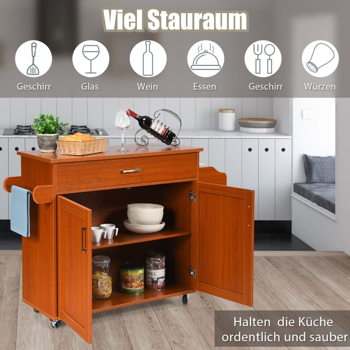 Küchenwagen Mit Handtuchhalter & Gewürzboard & Schublade Kücheninsel Rollbarer Küchenschrank