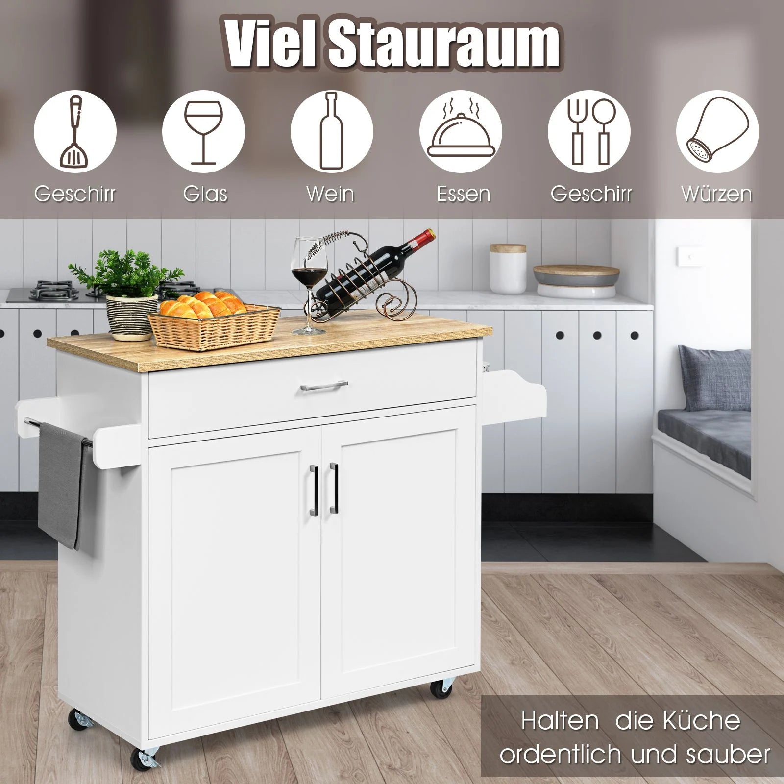 Küchenwagen Mit Handtuchhalter & Gewürzboard & Schublade Kücheninsel Rollbarer Küchenschrank