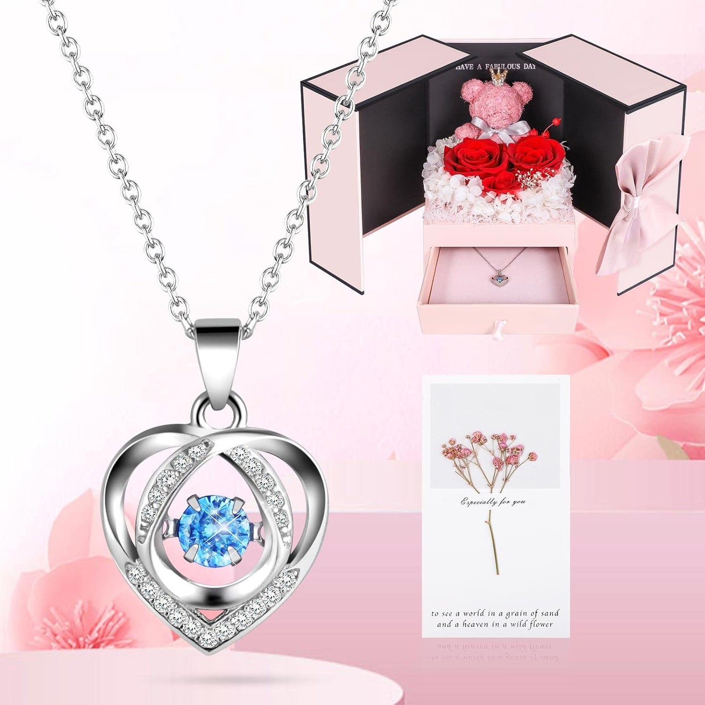 ADDWel Ewige Rose mit 925 Sterling Silber Herz Halskette - Echte Konservierte Infinity Rose Box, Romantisches Geschenk für Frauen, Freundin & Mama zum Valentinstag, Weihnachten, Geburtstag & Jahrestag