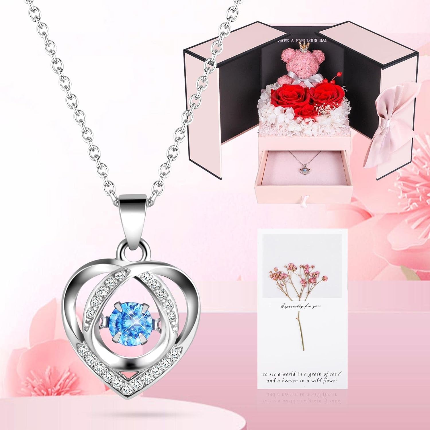 ADDWel Ewige Rose mit 925 Sterling Silber Herz Halskette - Echte Konservierte Infinity Rose Box, Romantisches Geschenk für Frauen, Freundin & Mama zum Valentinstag, Weihnachten, Geburtstag & Jahrestag