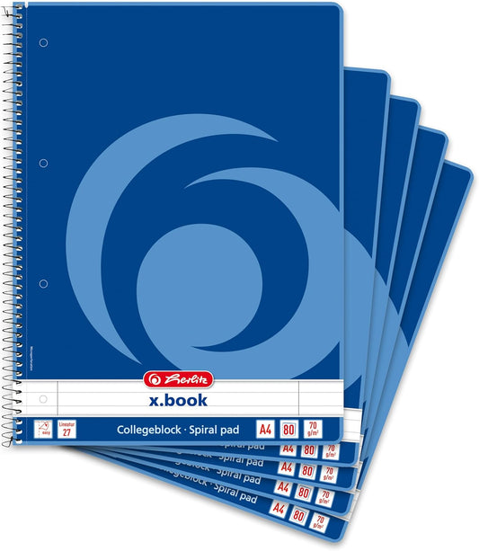 Herlitz Collegeblock X.Book A4, Lineatur 27, 80 Blatt, Rand Innen Und Außen, 5 Stück
