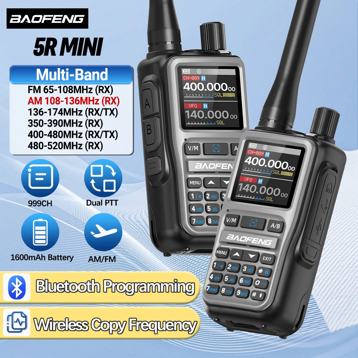 UV-5R Mini Walkie Talkie Multi Band Bluetooth Programming Wireless Copy Frequency 999CH AM FM Long Range Two Way Radio