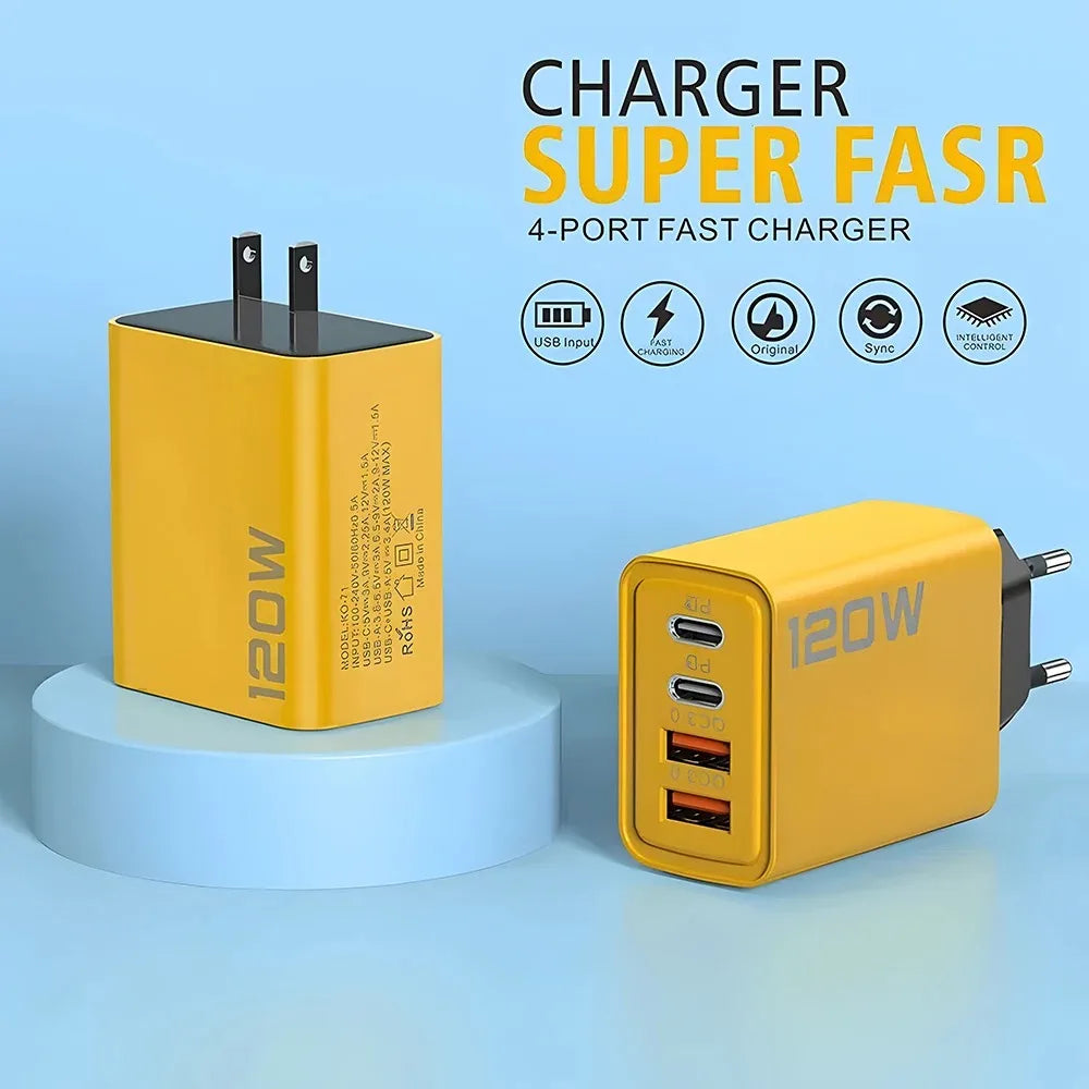 4 Port USB Charger Total 120W Type C Fast Charge Mobile Phone Adapter 