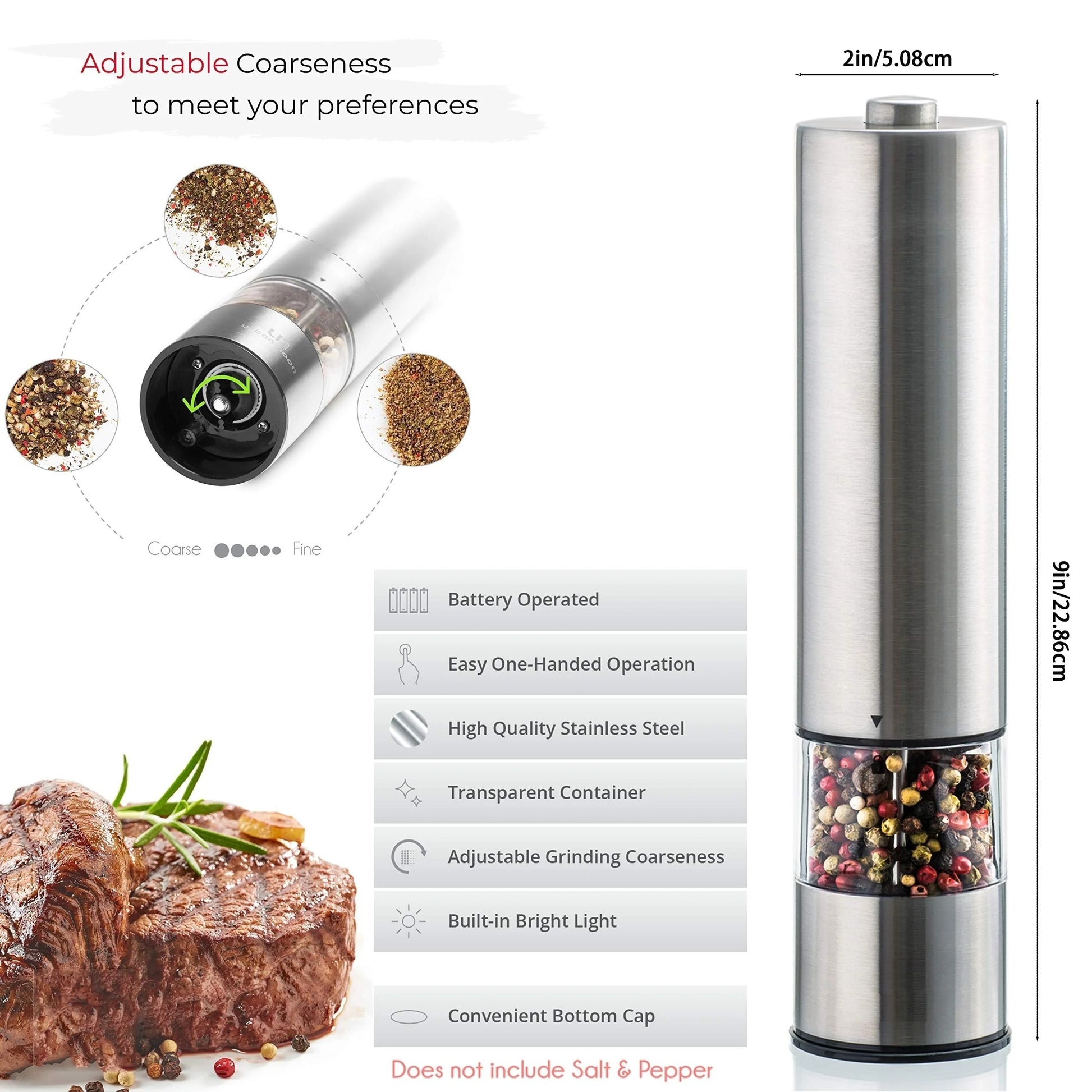 Electric Salt Pepper Grinder Set One Handed Operation Stainless Steel Spice Mill with Light Automatic Pepper Grinde for Kitchen