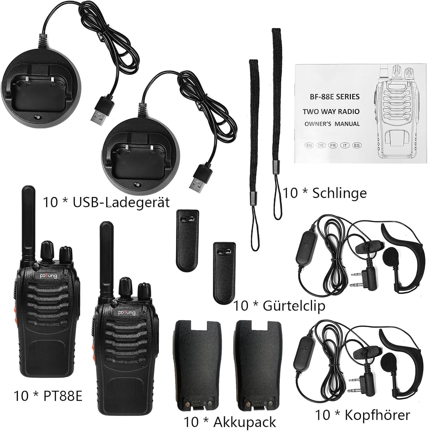 Walkie Talkie PMR446 Lizenzfreies Zwei-Wege-Funkgerät, Pofung PT88E 16 Kanäle Professionelle Wiederaufladbare Walkie Talkies Mit Großer Reichweite Mit Usb-Ladestation Und Hörmuscheln Schwarz 10 Stück