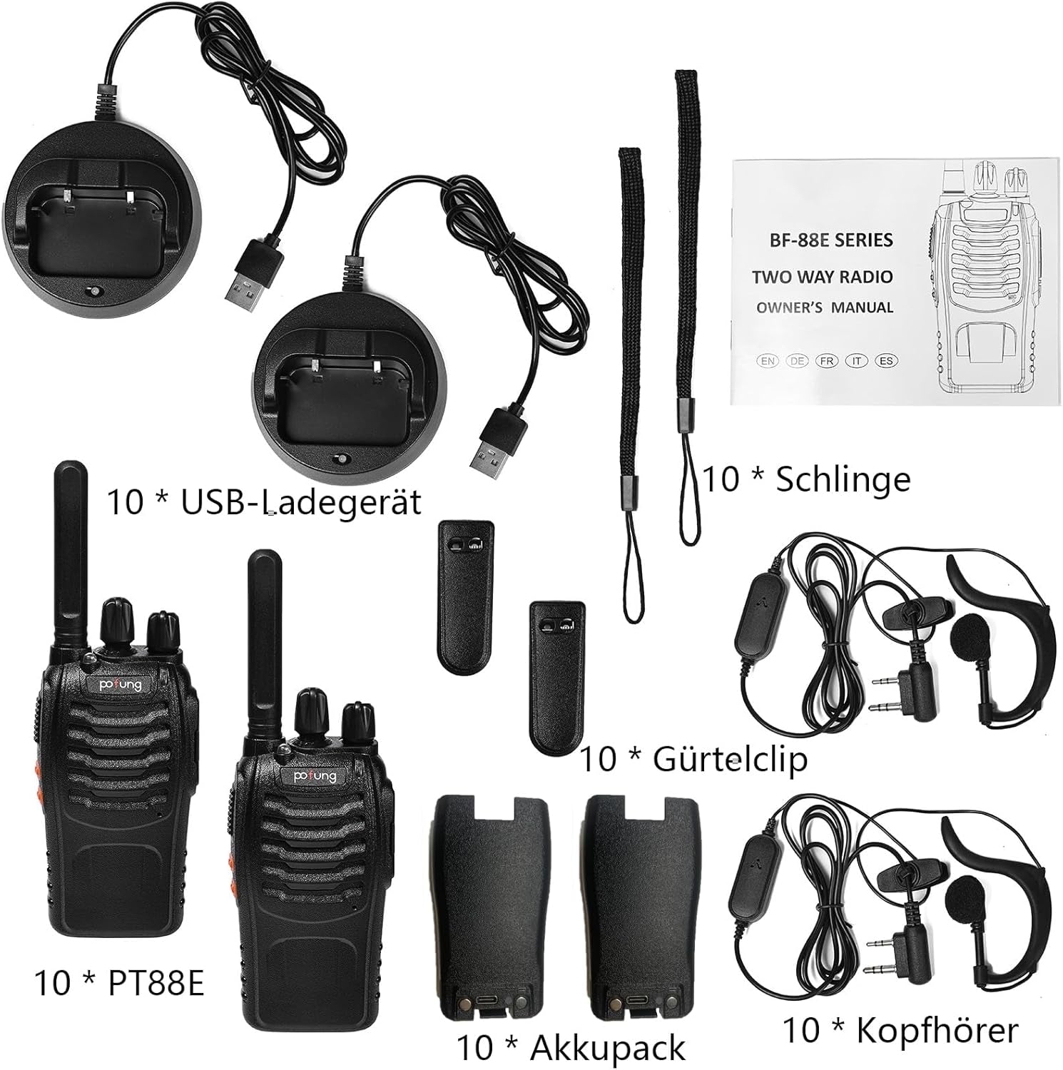 Walkie Talkie PMR446 Lizenzfreies Zwei-Wege-Funkgerät, Pofung PT88E 16 Kanäle Professionelle Wiederaufladbare Walkie Talkies Mit Großer Reichweite Mit Usb-Ladestation Und Hörmuscheln Schwarz 10 Stück
