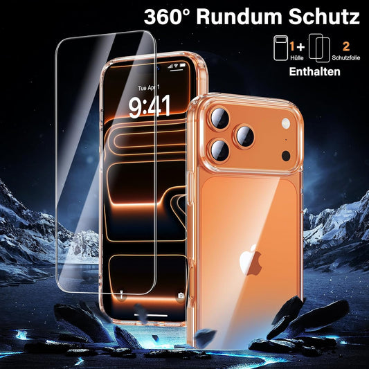 Uniqueme Für Iphone 17 Pro Hülle - Handyhülle Für Iphone 17 Pro Case, Rundumschutz Hülle Set Schutzhülle Cover, 1 Handyhülle & 2 Schutzfolie - Transparent