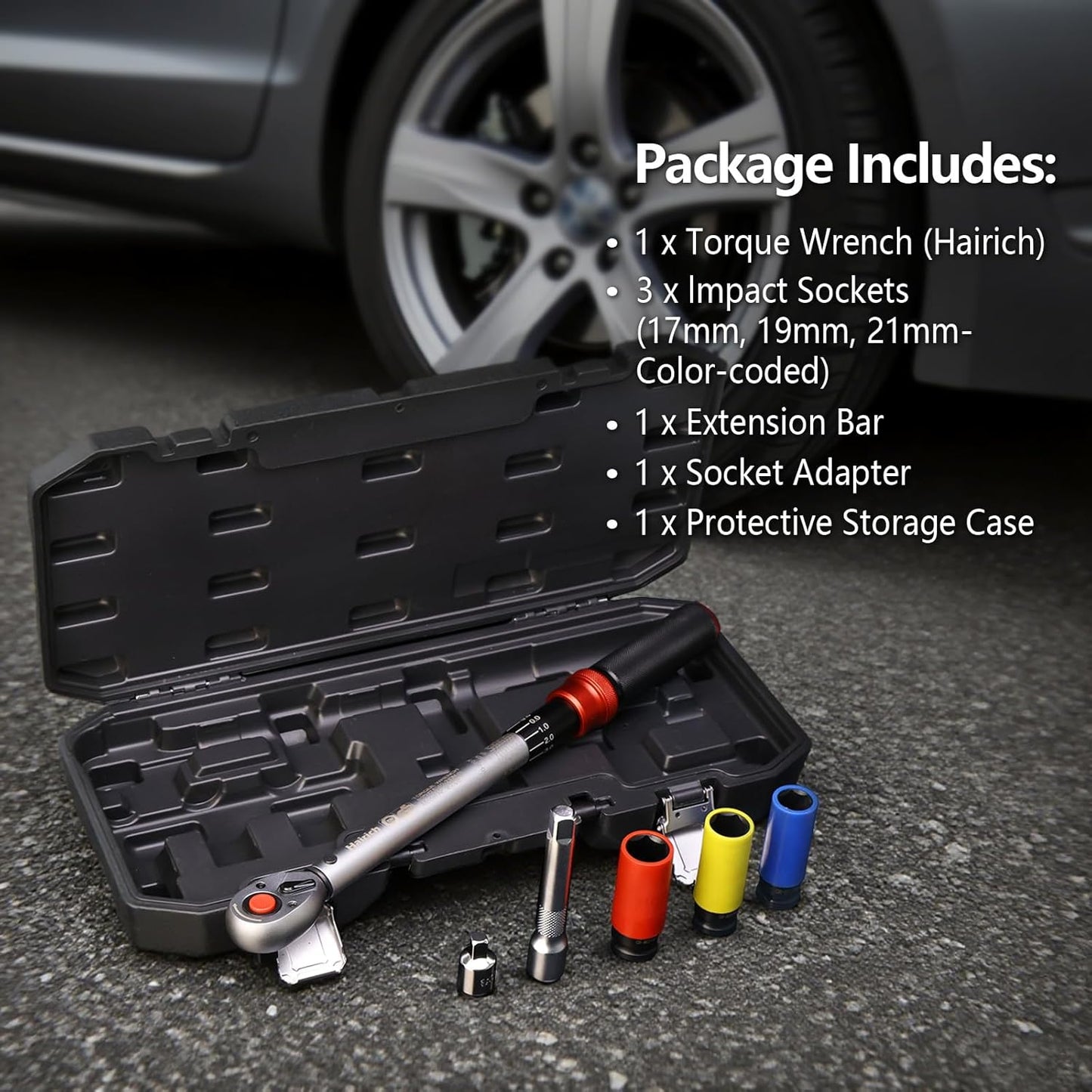 Hairich Drehmomentschlüssel Auto 1/2 Zoll, 40–210 Nm, TÜV Süd GS Geprüft, 6-Tlg. Drehmomentschlüssel Set Mit 125 Mm Verlängerung, 1/2"-3/8" Adapter & 3 Stecknüssen – Für Reifenwechsel & Motorrad