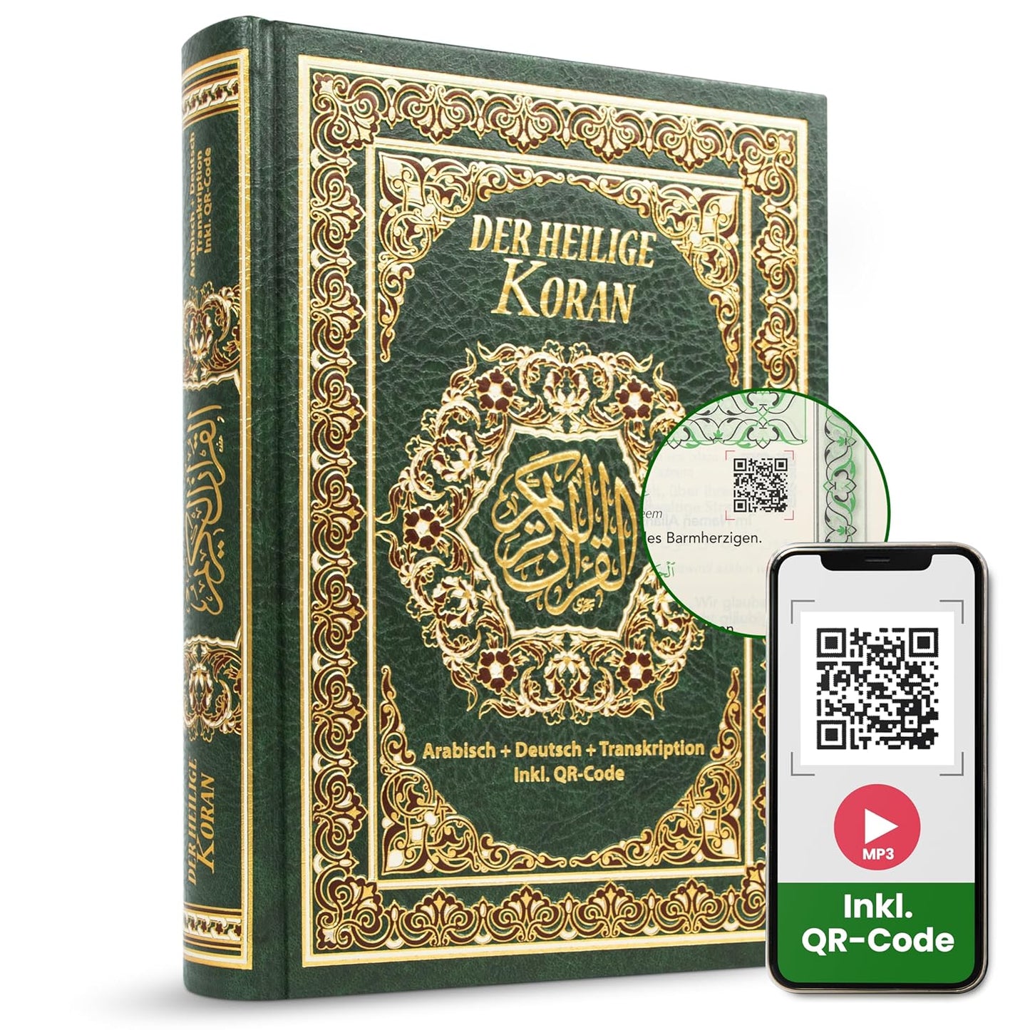 Koran Arabisch Deutsch Grün + Übersetzung + Hardcover Große Schrift inkl. Lautschrift für Anfänger - Quran Transkription - Heiliger Qur'an + Transliteration Inkl.QR-Code