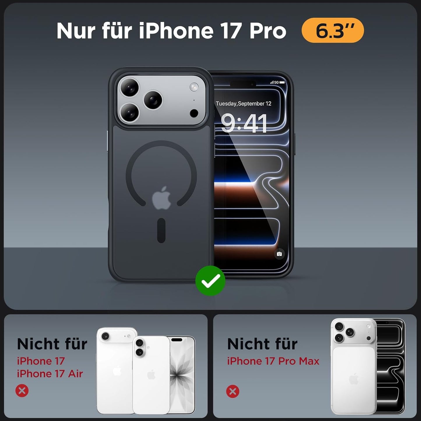 Miracase Für Iphone 17 Pro Hülle Für Magsafe [TOP Militärschutz & Magnetkraft] Stoßfest Kratzfest Mit Samtiger Haptik Extrem Langlebig Handyhülle Für Iphone 17 Pro 6,3", Matt-Schwarz