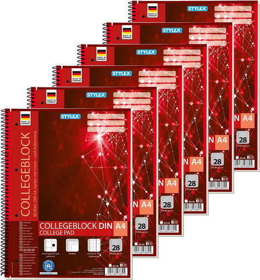 Stylex 43889-P6 - Collegeblock Kariert, 6 Stück in DIN A4, Je 80 Blatt Mit 60 G/M² Mit Spiralbindung