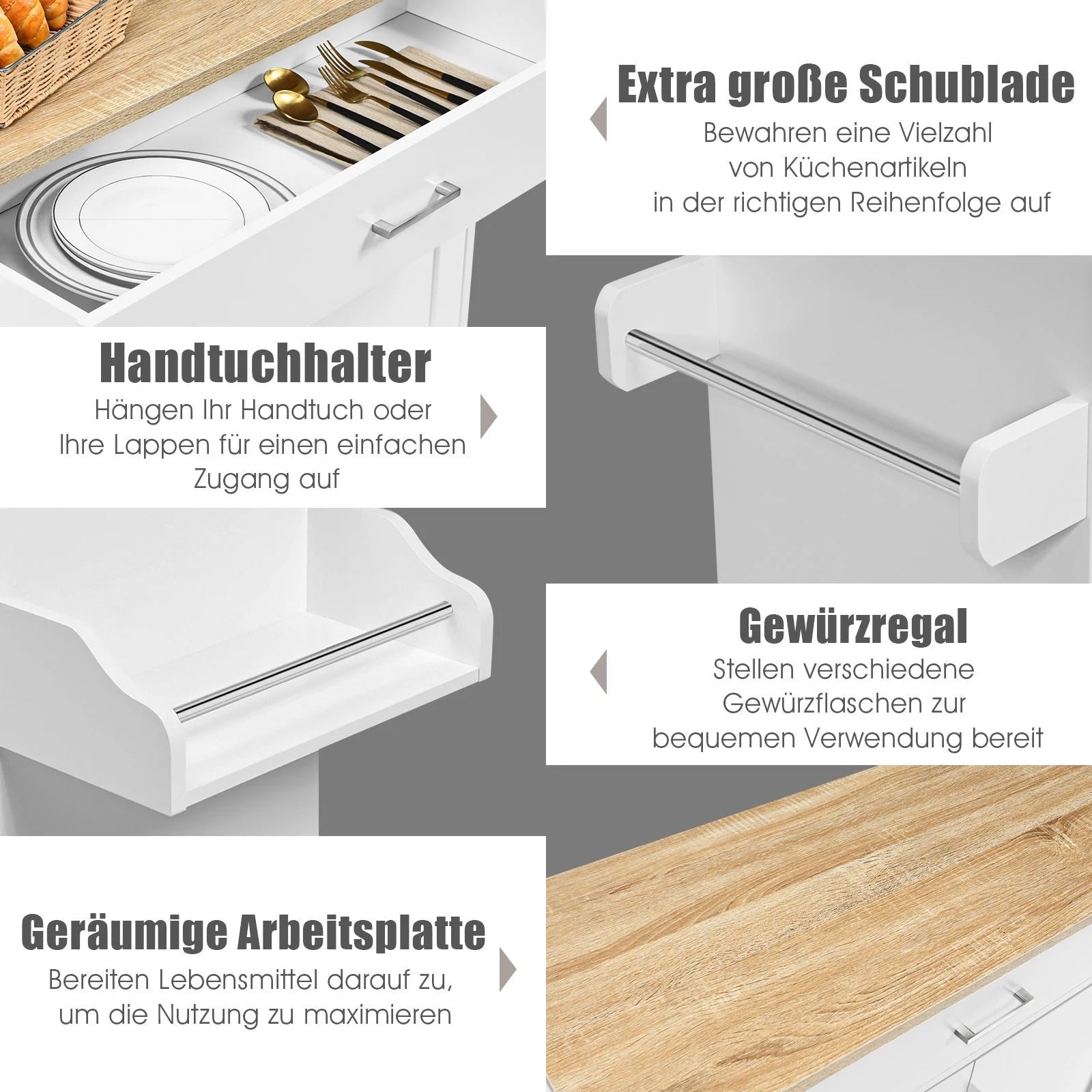 Küchenwagen Mit Handtuchhalter & Gewürzboard & Schublade Kücheninsel Rollbarer Küchenschrank