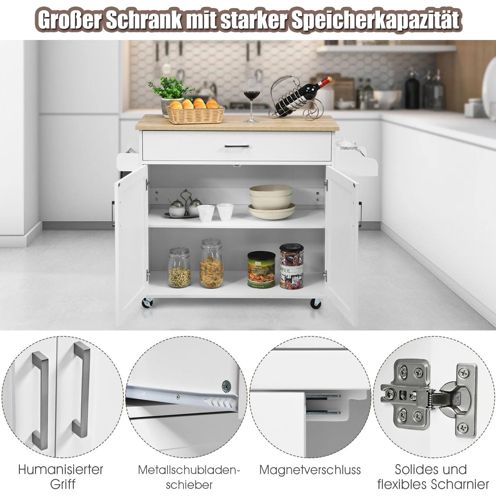 Küchenwagen Mit Handtuchhalter & Gewürzboard & Schublade Kücheninsel Rollbarer Küchenschrank