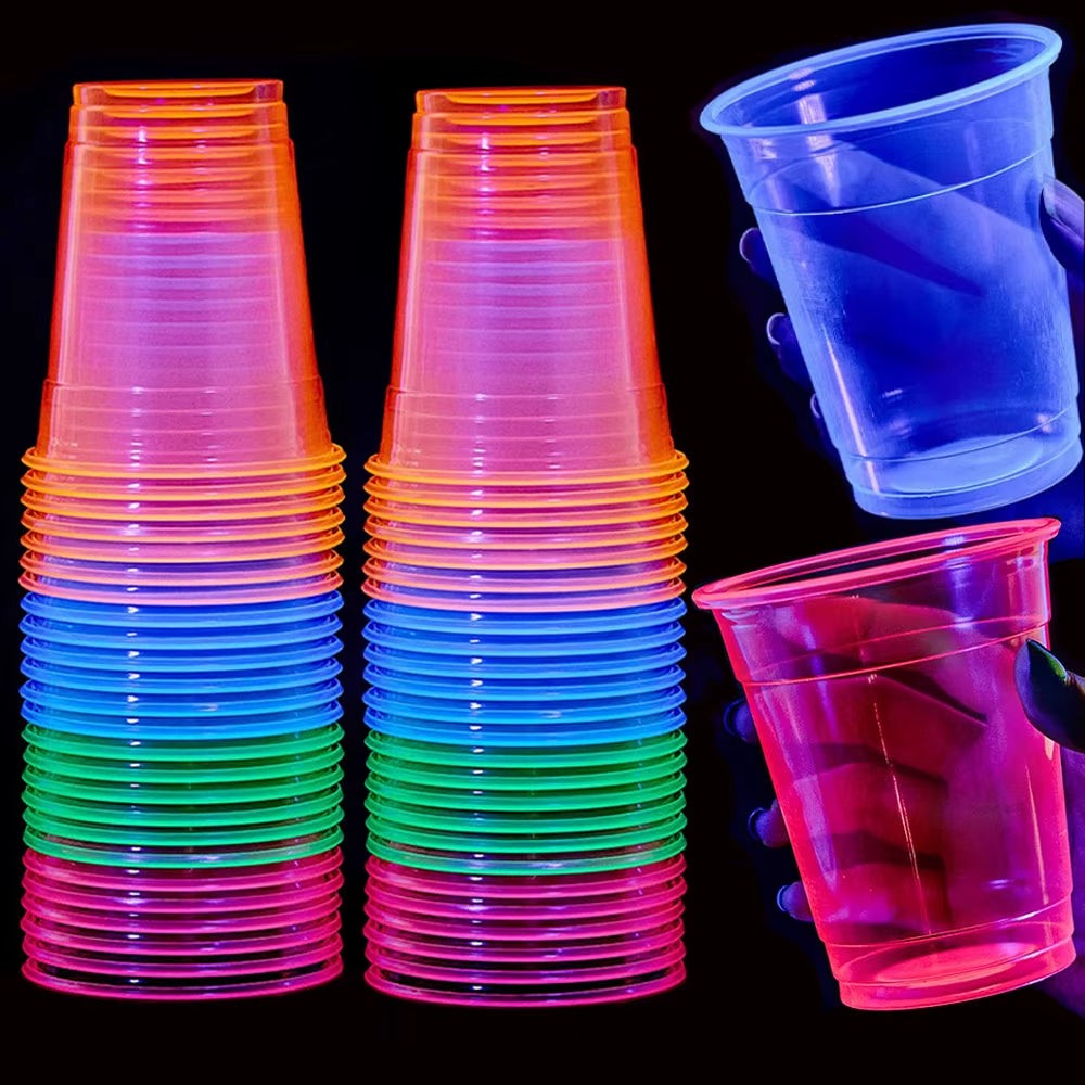 20–200 Stück, 12 Unzen, Neonfarben, Einfarbig, Einweg-Kunststoffbecher, Rosa, Orange, Blau, Grün, Eis-Kaffeetasse, Durchsichtiger Kunststoffbecher, Leuchtet Im UV