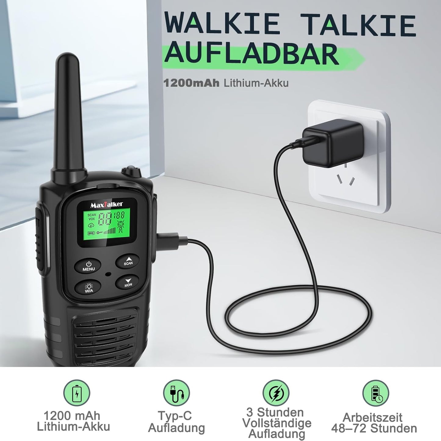MT10 Walkie Talkie Aufladbar Für Erwachsene Kinder Funkgeräte, 1200Mah Li-Ion Batterie, USB-C Kabel, LED Taschenlampe, VOX Funkgeräte Für Wandern Und Camping,4Er Set
