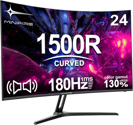 Minifire 24 Zoll Curved Gaming Monitor 180Hz, 1Ms, FHD PC Bildschirm 1500R, Mit Lautsprechern, Freesync, HDR, 130% Srgb, Rahmenlos, HDMI1.4/DP1.2 Ports -Schwarz (MFG24C1 Mit Hdmi-Kabel)