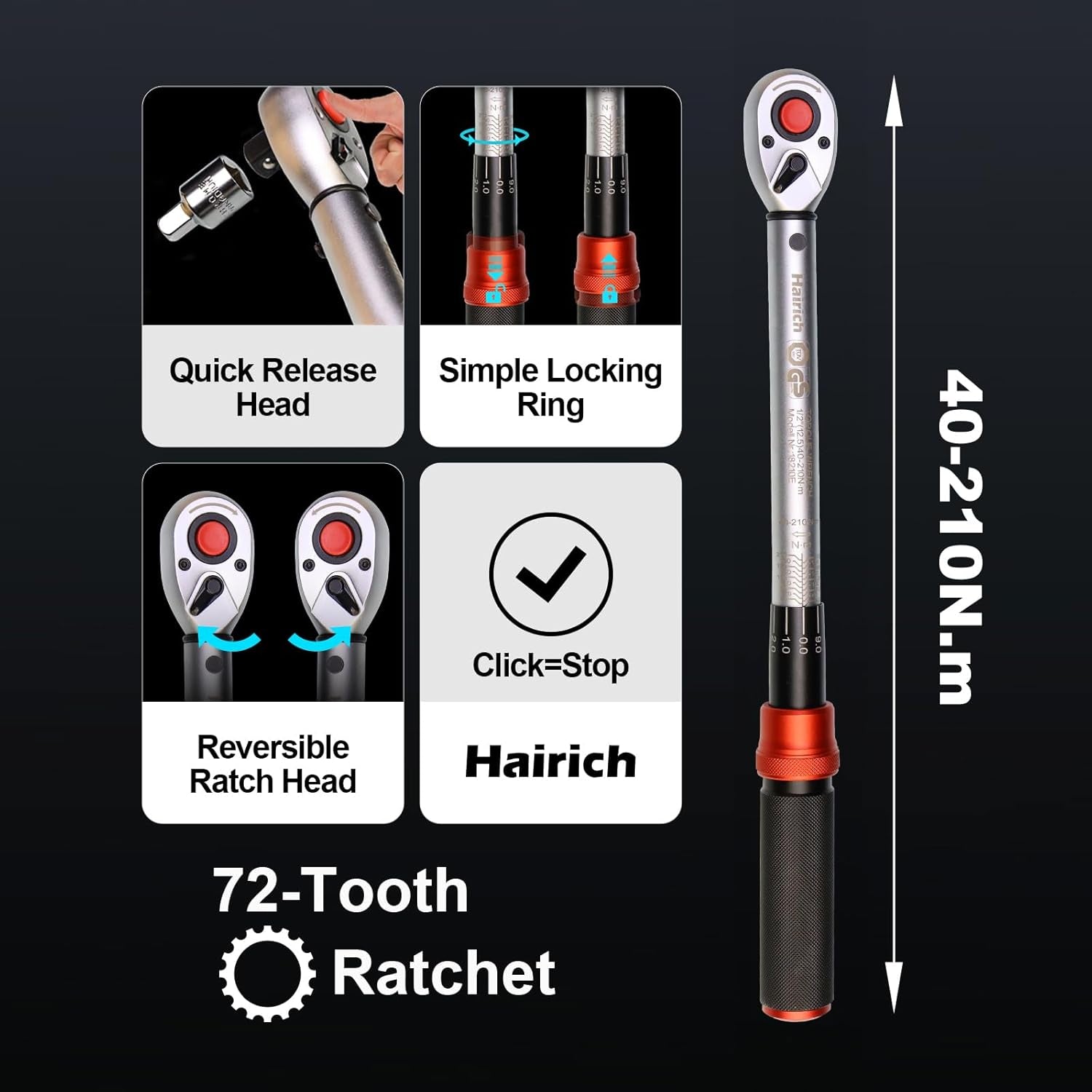 Hairich Drehmomentschlüssel Auto 1/2 Zoll, 40–210 Nm, TÜV Süd GS Geprüft, 6-Tlg. Drehmomentschlüssel Set Mit 125 Mm Verlängerung, 1/2"-3/8" Adapter & 3 Stecknüssen – Für Reifenwechsel & Motorrad