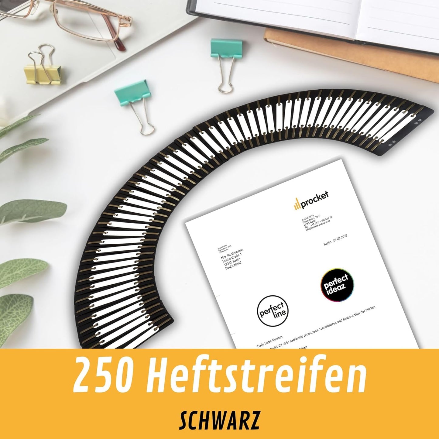 Perfect Line - 250 Heftstreifen (10X25 Stk.), Schwarz, Recycelbarer Kunststoff, Made in Germany