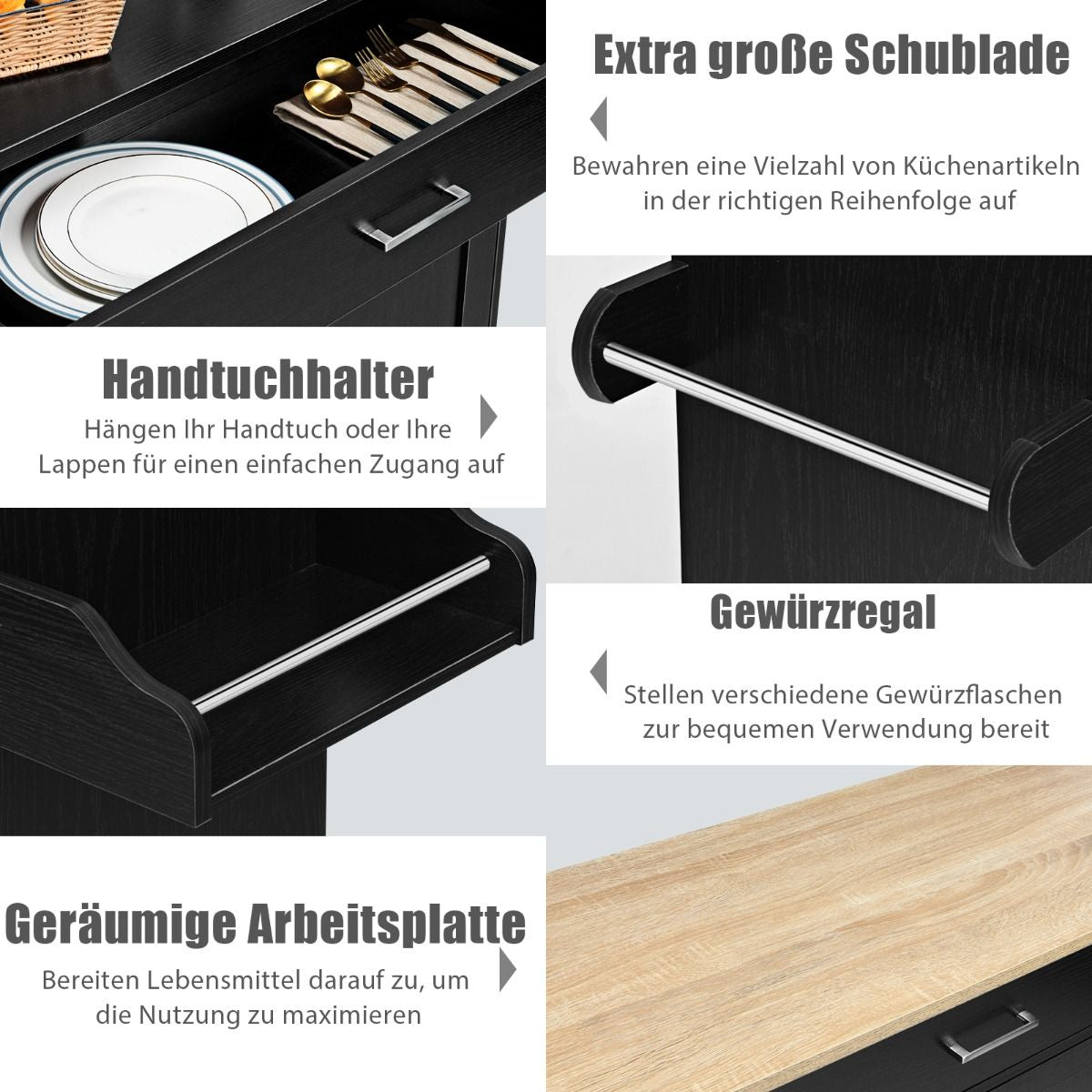 Küchenwagen Mit Handtuchhalter & Gewürzboard & Schublade Kücheninsel Rollbarer Küchenschrank