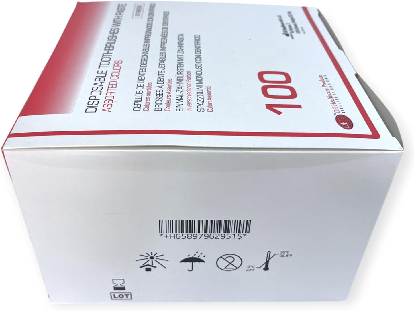 DE Healthcare Products – Einmalzahnbürsten Mit Zahnpasta (100 Stück), Einzeln Hygienisch Verpackt, 4 Untersch. Farben (4X 25 Stück)