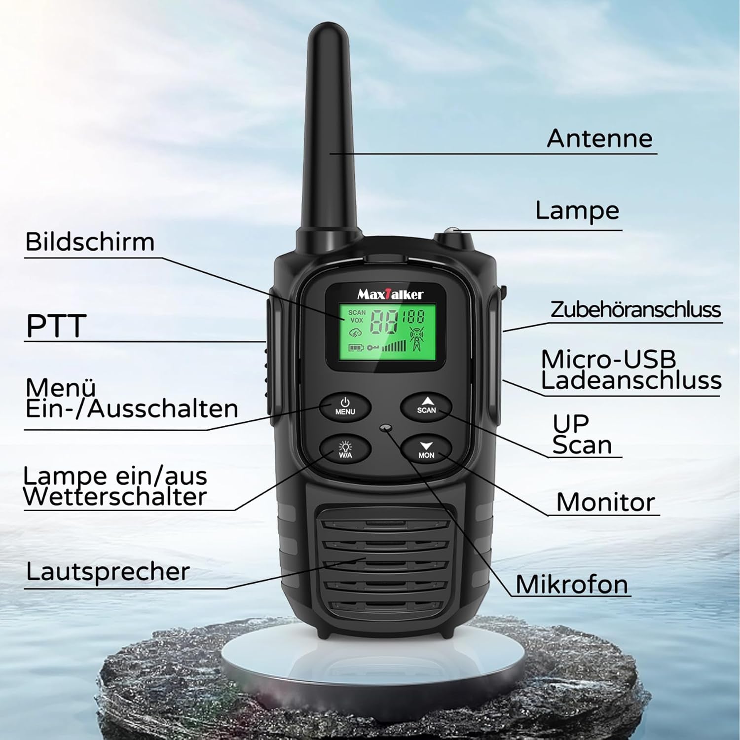 MT10 Walkie Talkie Aufladbar Für Erwachsene Kinder Funkgeräte, 1200Mah Li-Ion Batterie, USB-C Kabel, LED Taschenlampe, VOX Funkgeräte Für Wandern Und Camping,4Er Set