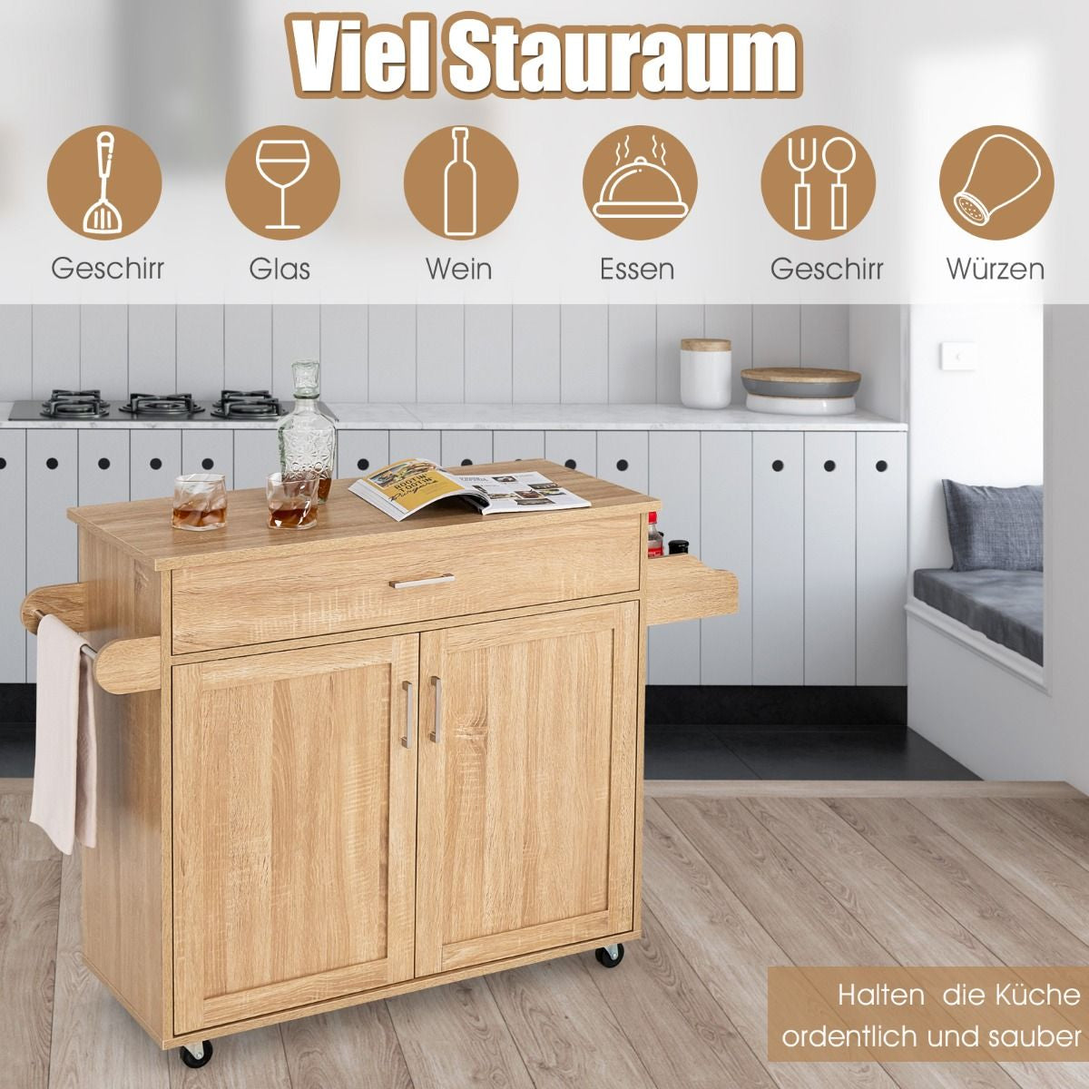 Küchenwagen Mit Handtuchhalter & Gewürzboard & Schublade Kücheninsel Rollbarer Küchenschrank