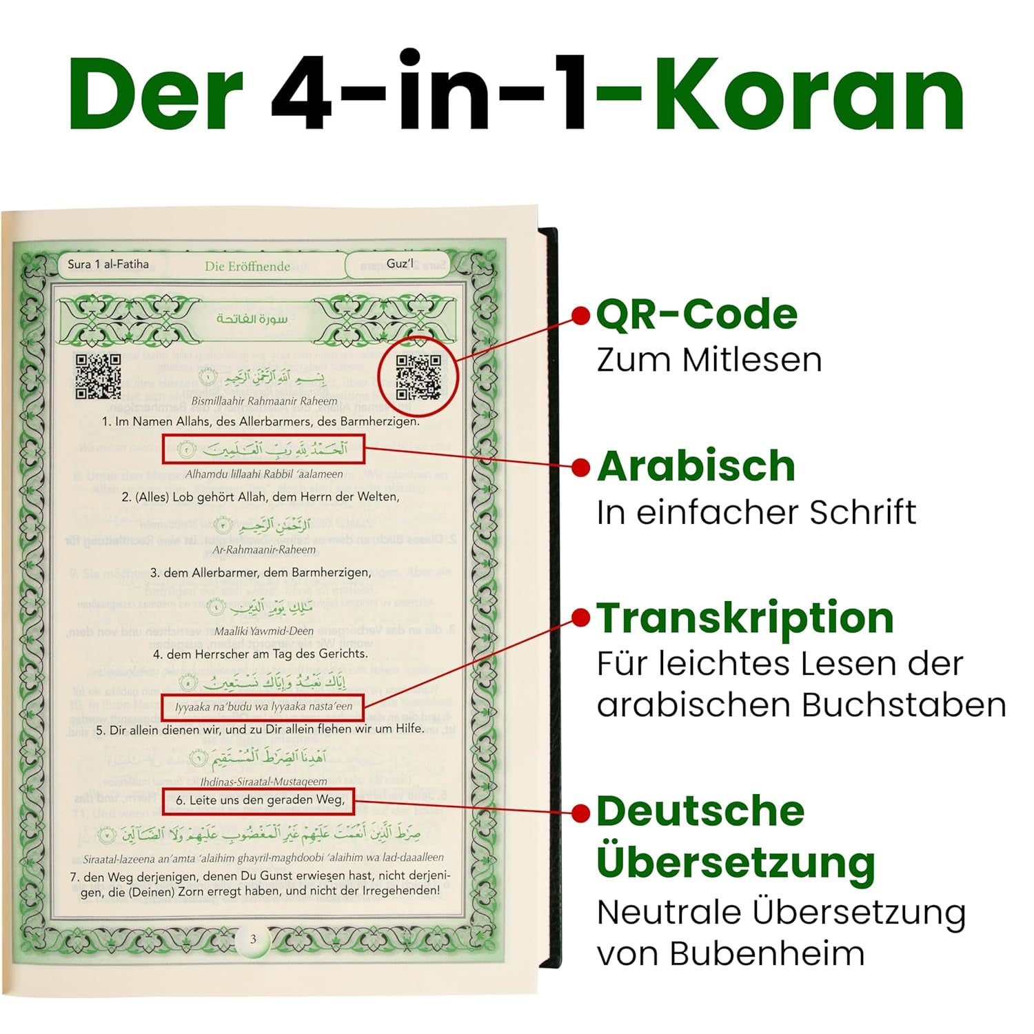 Koran Arabisch Deutsch Grün + Übersetzung + Hardcover Große Schrift inkl. Lautschrift für Anfänger - Quran Transkription - Heiliger Qur'an + Transliteration Inkl.QR-Code