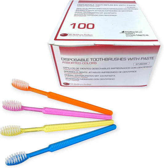 DE Healthcare Products – Einmalzahnbürsten Mit Zahnpasta (100 Stück), Einzeln Hygienisch Verpackt, 4 Untersch. Farben (4X 25 Stück)