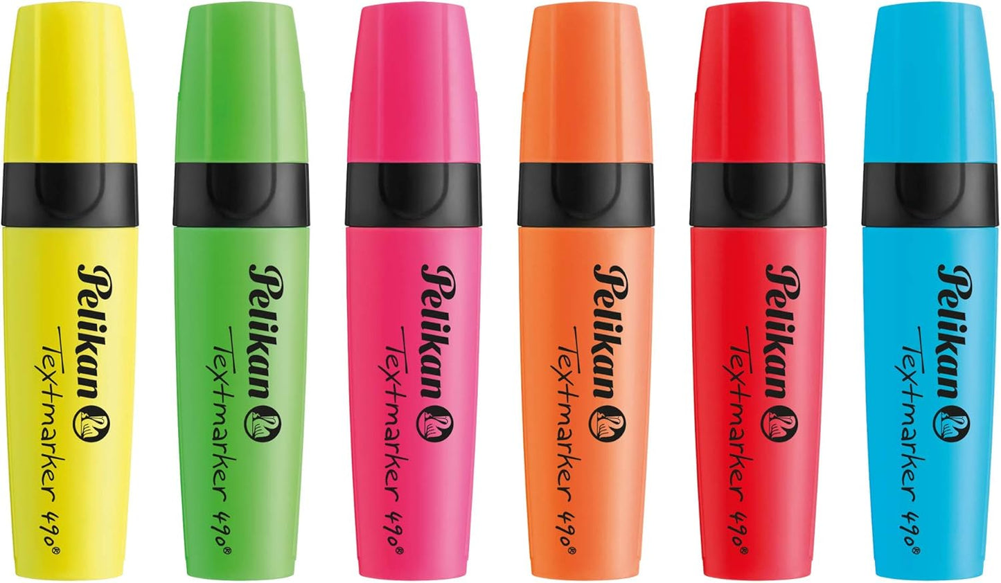Pelikan Textmarker 490, 6 Neon-Farben, 6 Stück, Mit Keilspitze