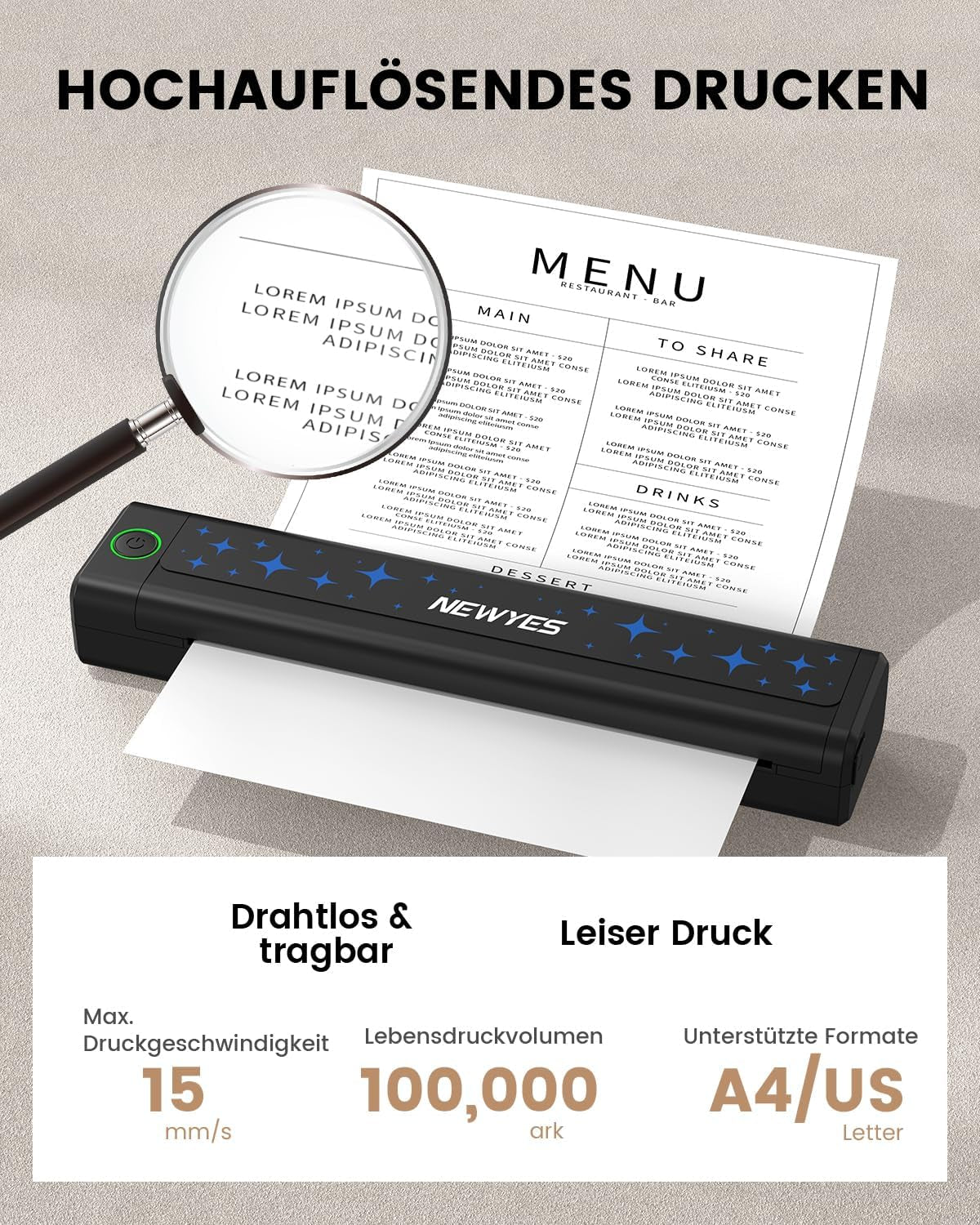 NEWYES Drucker, Tragbarer Thermodrucker Für Geschäftsreisende Und Studenten